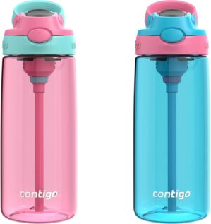 Contigo Aubrey Kids BPA-Free Water Bottle with Silicone Straw, Spill-Proof Lid, Dishwasher Safe, 20oz 2-Pack, Suitable for 3+ Years, Azalea/Jade & Blue Raspberry/Azalea
