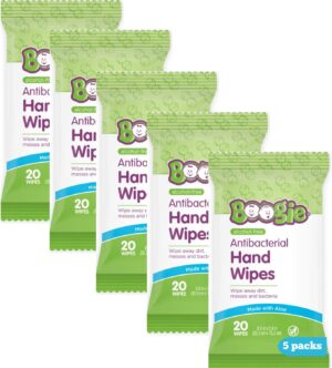 Boogie Antibacterial Hand Wipes by Boogie, Alcohol Free, Hypoallergenic and Moisturizing Aloe, Hand Wipes for Kids and Adults -100 Total Wipes (5 Packs of 20)