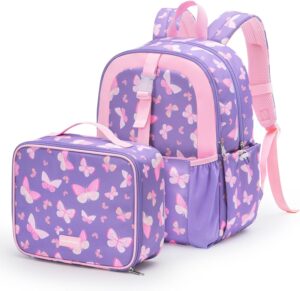 mommore Kids Backpack Set with Lunch Box, Lightweight Preschool Backpack for Girls Age 4-8, Water Resistance Elementary Student Bookbag for Preschool Kindergarten