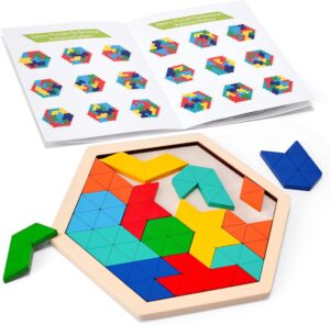 3 otters Wooden Hexagon Puzzles, Brain Teaser Blocks Puzzles for Kids Ages 4-6, Montessori Educational Toys Shape Pattern Block for Boys and Girls