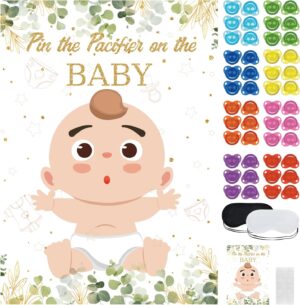 SietDESEO Pin The Pacifier on The Baby Game with 48 Pcs Pacifier Stickers Large Eucalyptus Baby Poster Games for Kids Birthday Baby Shower Party Supplies Pin The Pacifier Game