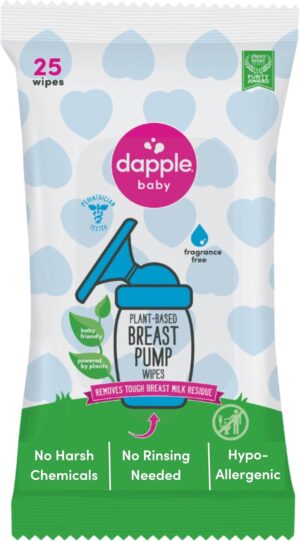 Breast Pump Wipes by Dapple Baby, Hypoallergenic & Powered by Plants, Removes Milk Residue, Leaves No Taste, Convenient Wipes Pouch, Fragrance Free, 25 Count (Pack of 1)