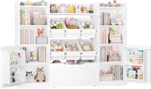 FINETONES 55” Toy Storage Organizer, 5-in-1 Kids Bookshelf with Movable Drawer and Book Shelves Behind The Doors, Toy Organizer Playroom Storage Organizer with 6 Toy Bins and 8 Storage Cubes, White