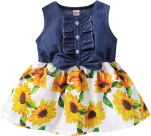 Kucnuzki Toddler Girl Outfits Baby Sunflower Princess Dresses Denim Summer Sleeveless Clothes Jean Tutu Skirts for Girls