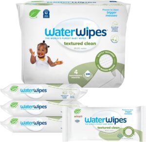 WaterWipes Plastic-Free Textured Clean, Toddler & Baby Wipes, 99.9% Water Based Wipes, Unscented & Hypoallergenic for Sensitive Skin, 60 Count (Pack of 4), Packaging May Vary