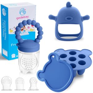 Baby Fruit Feeder Pacifier – 3 Pack | 1 Baby Food Feeder & 1 Baby Teether & 1 Baby Popsicle Molds | Breastmilk Popsicle molds | Teething Toys | Mesh Baby Feeder | Baby Feeding Set | Bebes (Steel Blue)