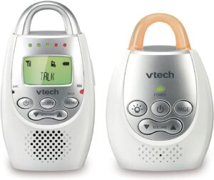 VTech DM221 Audio Baby Monitor with up to 1,000 ft of Range, Vibrating Sound-Alert, Talk Back Intercom & Night Light Loop, White/Silver