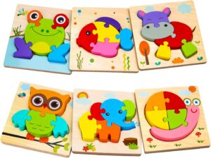 SKYFIELD Wooden Animal Puzzles for 1 2 3 Years Old Boys Girls, Toddler Educational Developmental Toys Gift with 6 Animals Baby Montessori Color Shapes Learning Puzzles
