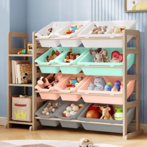 Toy Storage Organizer – Toy Organizers and Storage with Bookshelf, Toy Storage Shelf with 3 Shelves and 12 Storage Bins, Kids Bookshelf and Toy Storage for Kids Room, Playroom, Nursery, Multi color