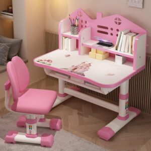 Kids Desk and Chair Set, Study Table and Chair, Desk for Kids, Children’s Desks with Golden Distance Design, Homeschooling Writing Desk with Desktop for Boys and Girls (Pink 1)