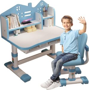 Kids’ Table Chair Sets, Kids’ Desks Chair, Children Study Desk Writing Table Computer Workstation With Large Storage Drawer And Bookshelf, Height Adjustable Kids Bedroom Furniture ( Color : Blue )