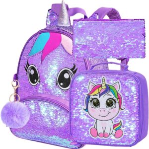 Unicorn Backpack for Girls, Toddler Sequin Preschool Bookbag, 12″ Cute Cartoon Animal Schoolbag