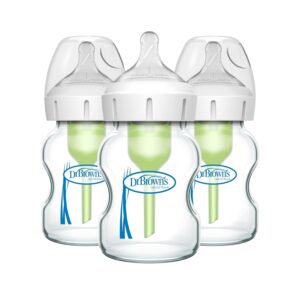 Dr. Brown’s Natural Flow Anti-Colic Options+ Wide-Neck Glass Baby Bottles 5 oz/150 mL, with Level 1 Slow Flow Nipple, 3 Pack, 0m+