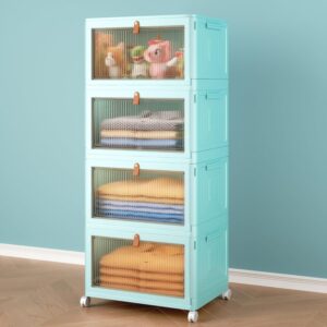 4 Tier Stackable Plastic Storage Bins with Lid and Wheels – 23 QT Closet Organizers and Storage, Foldable Storage Containers, Organization and Storage Boxes for Craft, Home, Pantry, Dorm,Green