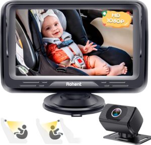 Rohent Baby Car Camera HD 1080P – Rear-Facing Infant Monitor with Night Vision, 150° Wide-Angle Lens, Anti-Glare Screen, Easy Install, 360° Adjustable Display