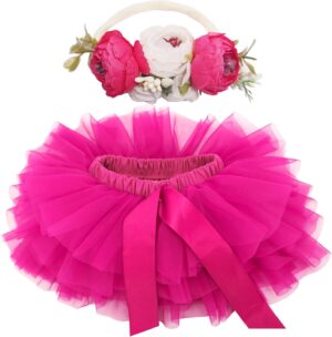 BGFKS Baby Girls Soft Fluffy Tutu Skirt with Diaper Cover,Toddler Girl Tutu Skirt Sets with Flower Headband.