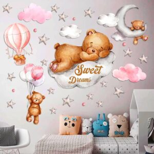Pink Tedy Bear Sleeping on Moon and Stars Nursery Wall Decor, Bear Wall Decals Nursery, Moon Stars Nursery Decor, Baby Nursery Decor Girl, Bear Nursery Decor for Boys, Baby Room Decor, Wall Stickers