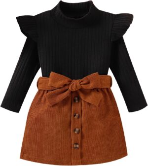 Fernvia Toddler Baby Girl Fall Winter Skirt Set Turtleneck Ribbed Long Sleeve T-Shirt Top & Plaid Skirts Dress 2Pcs Outfits