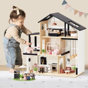 Tiny Land Doll House, Modern Family Dollhouse with Realistic Design, Wooden Dollhouse with 53Pcs Furniture – Ideal Gift for Kids Ages 3+