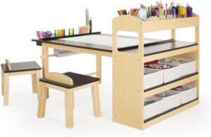 Guidecraft Deluxe Art Center: Kids Arts and Crafts Table and Chairs Set with Storage Shelves, Bins, Paper Roll for Drawing and Painting | Wooden Art Desk for Kids Playroom | Toddler Activity Table