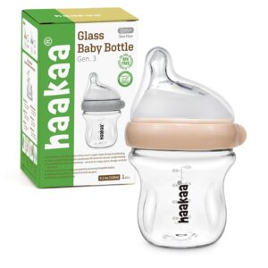 haakaa Gen.3 Natural Glass Baby Bottle 4.2oz/120ml – Wide Neck, Anti-Colic Slow Flow Nipple,Easy to Clean, 0M+ Breastfed Babies, Newborn Registry Essentials,BPA Free-Peach