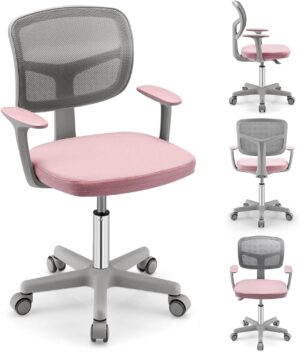 Kids Desk Chair, Height Adjustable Children Study Chair w/Lumbar Support, Swivel Mesh Seat, Universal Casters, Ergonomic Kids Task Chair for Boys Girls Aged 3-10, Home, School, Office (Pink)
