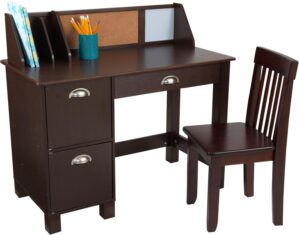KidKraft Wooden Study Desk with Chair – Espresso, Drawers, Extra Storage, Handles, Bulletin Board, Sturdy, Solid, Kid-Sized Study, Gift for Ages 5-10