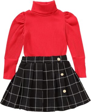 Fernvia Toddler Baby Girl Fall Winter Skirt Set Turtleneck Ribbed Long Sleeve T-Shirt Top & Plaid Skirts Dress 2Pcs Outfits