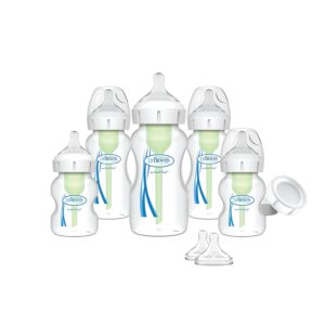 Dr. Brown’s Natural Flow Anti-Colic Options+ Wide-Neck Baby Bottle Newborn Feeding Set with Baby Bottle Travel Caps