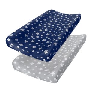 Changing Pad Cover for Boys Girls 2 Pack, Lovely Print Soft Unisex Diaper Change Table Sheets, Fit 32″x16″ Contoured Pad, Comfy Cozy 2-Pack Cradle Sheets, Grey & Navy