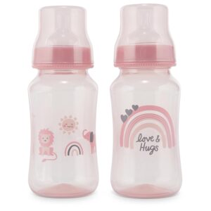 Premium 2-Pack Baby Bottles – 11 Ounce, Hourglass Shape, Fun Boys and Girls Prints, Clear Cover – BPA-Free