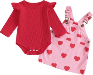 Newborn Baby Girl Valentines Outfit Heart Print Ruffle Long Sleeve Romper Suspender Skirt Overall Dress 2Pcs Set
