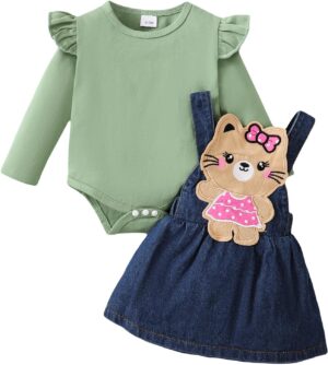 Kucnuzki Newborn Baby Girl Clothes Toddler Long Sleeve Ruffle Romper Top Infant Skirt Set Little Girl Overall Dress