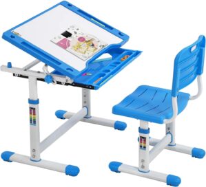 FDW Kids Desk and Chair Set, Height Adjustable Multifunctional Student Study Desk Kids Art Table Children’s Chair Set with Storage Drawer 45°Tilted Desktop for Boys&Girls,Blue