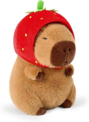 Ditucu Cute Capybara Plush Wear Strawberry Hat Soft Capibara Stuffed Animals Plushies Toys Hugging Gifts for Kids Brown 17 inch