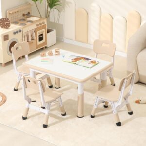 Toddler Table and Chairs, Kids Table and 4 Chairs Set with Graffiti Desktop, Height-Adjustable Kids Study Table for Boys and Girls Aged 3-8, Max 300lbs