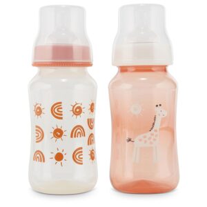 Premium 2-Pack Baby Bottles – 11 Ounce, Hourglass Shape, Fun Boys and Girls Prints, Clear Cover – BPA-Free