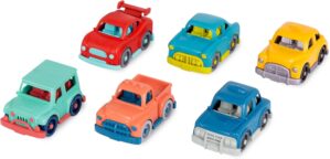 Battat- Wonder Wheels- Set of 6 Mini Toy Cars For Kids – Race Car, Truck, Taxi, Police Car, Retro Car, 4×4 – Pretend Play- Recyclable Materials – Mini Riders- 1 Year +