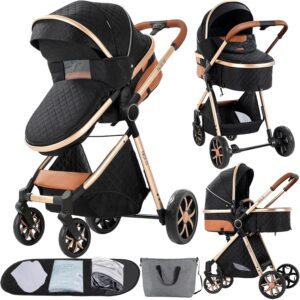 2 in 1 Baby Stroller with Bassinet Convertible Reversible Standard Baby Pram Portable Pushchair Infant Buggy Baby Carriage Foldable High Landscape Pram for Toddler Newborn (2USV9-BG)