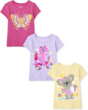 The Children’s Place Toddler Girls’ Short Sleeve Multi Color Graphic T-Shirt, 3 Pack