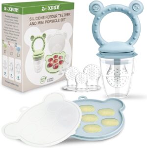 JEXFUN Silicone Baby Fruit Food Feeder Pacifier & Breastmilk Popsicle Freezer Molds for Cooling Relief, BPA Free Silicone Feeder to Safely Introduce New Foods, Double as Teething Toys, 4 Month+