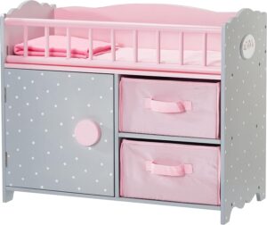 Olivia’s Little World Wooden Baby Doll Crib with a Cabinet and Two Cubbies for Doll Accessory Storage Underneath, Pink and Gray and White Polka Dots