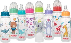 Nuby Printed Non-Drip Bottle, 1 Pack of 1 Bottle, 8 Ounce, Colors May Vary
