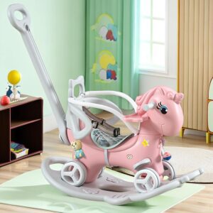 Rocking Horse for Toddlers 1-3 Years,4 in 1 Design, Kids Ride on Toy Balance Bike Push Cart with Detachable Balance Board,Fun Birthday Gifts-Pink