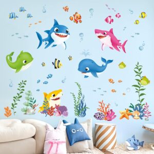 decalmile Under The Sea Fish Wall Decals Baby Shower Sharks Seaweed Ocean Wall Stickers Kids Bedroom Nursery Bathroom Wall Decor