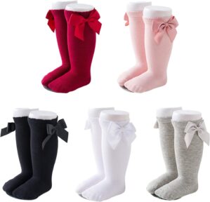 Baby Girls Knee High Socks Bow Tube Ruffled Knit Cotton Long Stockings for Infants and Toddlers 5 Pairs