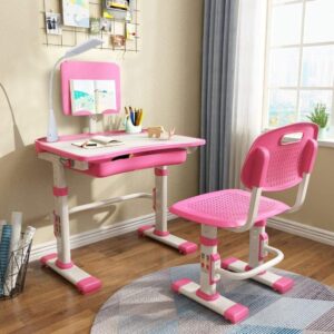 LVYUAN Kids Desk and Chair Set, Height Adjustable Study Desk for Bedroom, Tiltable Desktop, 3 Modes Light, Go Back School, Pink
