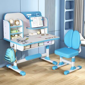 Kids Desk and Chair Set, Study Table and Chair, Desk for Kids, Children’s Desks with Golden Distance Design, Homeschooling Writing Desk with Desktop for Boys and Girls (Blue 2)
