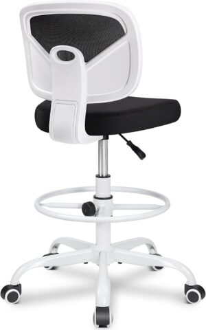 Primy Office Drafting Chair Armless, Tall Office Desk Chair Adjustable Height and Footring, Mid-Back Ergonomic Standing Desk Chair Mesh Rolling Tall Chair for Art Room, Office or Home(White)