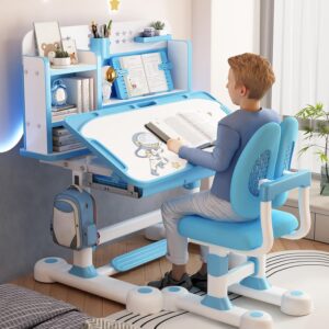 Kids Study Desk and Chair Set with Tilt Desktop, Fast Delivery US- Multi Functional Height Adjustable Children School Study Desk with Book Shelves, Bookstand, Foot Pedal, Hook Storage Drawer, Blue